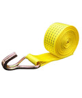 Yellow strap with steel double J hook, part of Beefy Heavy Duty Ratchet Tie Down Straps Kit With 4 Double J Hooks, 2204 Lb Load Capacity