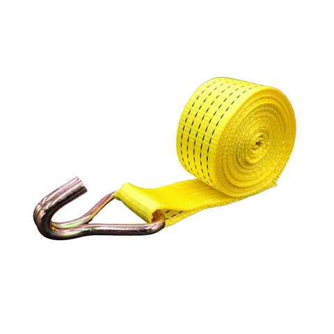 Yellow strap with steel double J hook, part of Beefy Heavy Duty Ratchet Tie Down Straps Kit With 4 Double J Hooks, 2204 Lb Load Capacity