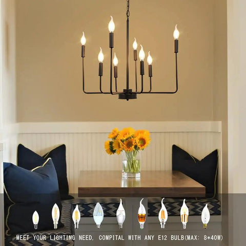 Black Farmhouse Eight Light Candle Chandelier Modern Pendant Fixture For Dining Room Kitchen Island Bedroom Entryway And Foyer Dope Industrial Vibe With E12 Base