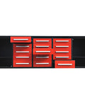 Rock Solid Ten Foot Heavy Steel Workbench And Tool Cabinet Featuring Fifteen Locking Drawers And Pre Cut Non Slip Liners For Your No Nonsense Garage Setup, showing multiple red drawers.