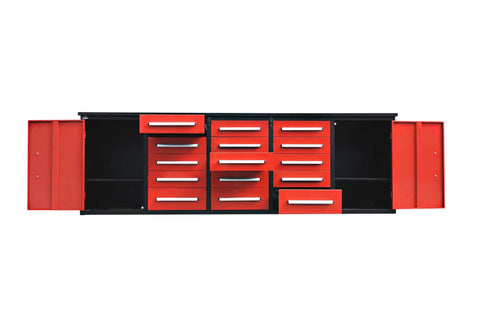 Rock Solid Ten Foot Heavy Steel Workbench And Tool Cabinet Featuring Fifteen Locking Drawers And Pre Cut Non Slip Liners For Your No Nonsense Garage Setup, showing multiple red drawers.