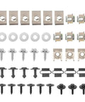 Audi A6 Engine Cover Repair Kit Screws And Clips Set 4F0863821K Durable Super Easy Install For 4B C5 C6 Models Ideal Replacement For Loose Or Missing Engine Cover Fasteners, assorted metal and plastic fasteners laid out