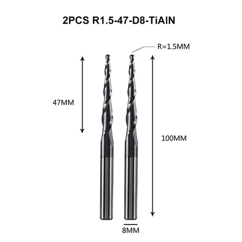Pro Grade Solid Carbide CNC Router Bits For Woodworking Two Flute Tapered Ball Nose Milling Cutters DLC Coated 8mm shank, 100mm length.