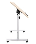 Mobile Adjustable Standing Desk With Scratch Resistant White Maple Surface And Sturdy Metal Base side view of height adjustable workstation on wheels.