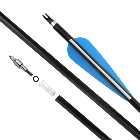 12 Pack 30 Inch Archery Aluminum Arrows With Spine 300, blue feather, showing aluminum shaft and nickel plated tip components