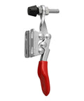Heavy Duty Quick Release Clamp For Woodworking And CNC Fixtures, 27kg Holding Capacity, metal vertical workholding tool with red handle.