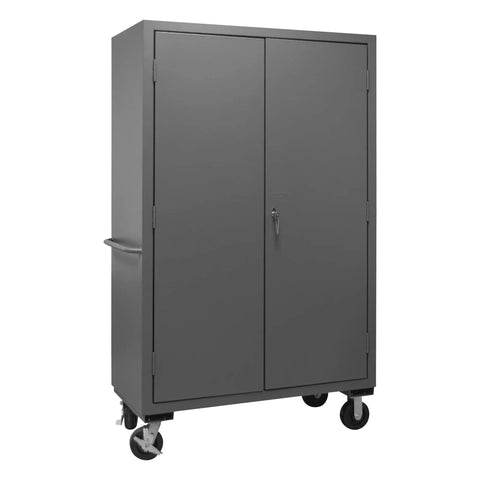 Rock Solid Locking Mobile Storage Cabinet With Four Adjustable Shelves And Flush Steel Doors 48 Inches Wide gray rolling locker on wheels.