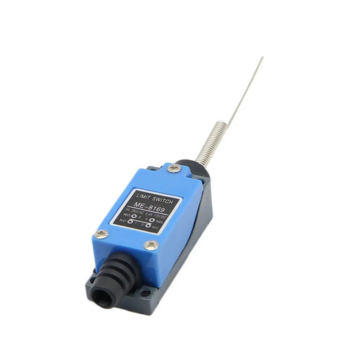 ME-8169 Flexible Rod Coil Spring Actuator Momentary Limit Switch, blue casing, side view, for industrial automation use