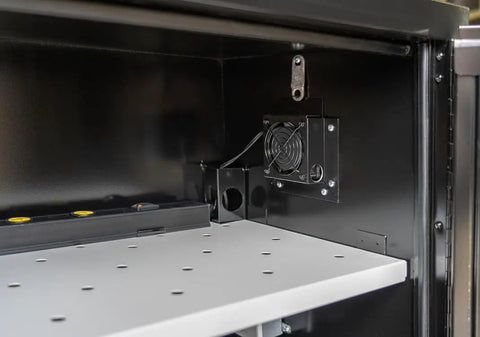 Interior view of Built Like A Tank Dual Door Lithium Ion Battery Charging Cabinet featuring mechanical fan and vent system.