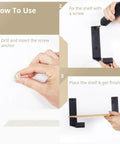 Heavy Duty Industrial L Shape Black Corner Brackets Built Tough With Upward Hooks For Rock Solid Wall Mounted Shelf Support And Smart Vertical Storage Setup 4 Pack installation steps showing screw anchor, bracket fixing, and shelf placement.