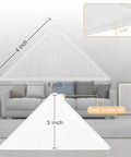 Triangular Anti Slip Rug Grippers For Flat Rugs Reusable And Washable Clear 8 Pack Keeps Rugs In Place Prevents Curling On Hardwood Or Tile Floor No Residue Grip; clear triangular pad with measurements and texture detail displayed.