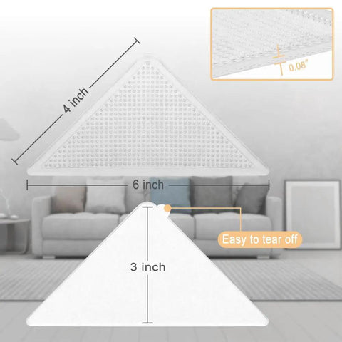 Triangular Anti Slip Rug Grippers For Flat Rugs Reusable And Washable Clear 8 Pack Keeps Rugs In Place Prevents Curling On Hardwood Or Tile Floor No Residue Grip; clear triangular pad with measurements and texture detail displayed.