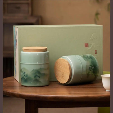 Keep Your Pantry Stash Locked Tight With These Premium Sealed Ceramic Storage Jars Perfect For Loose Tea Coffee Beans And Spices Smooth Airtight Double Jar Gift Set with bamboo lids.