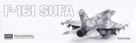 Box of F-161 SUFA 1/32 Scale Model Kit, featuring dual-seat fuselage and detailed parts, 3/4 rear view of the model aircraft.