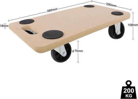 Heavy Duty Furniture Dolly With Wheels For Moving Heavy Loads Up To 200kg MDF Platform Cart With Non Slip Mat 58x29cm