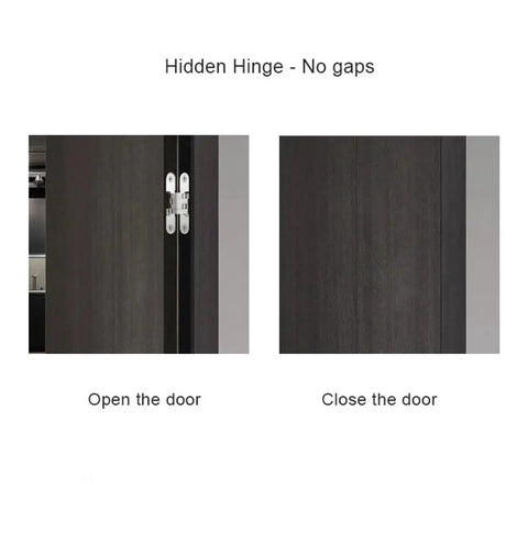 Built Tough Hidden Cabinet Hinges With Silky Smooth Glide Track For Folding Doors And Wood Boxes 180 Degree Swing Seamless Flush Install Satin Silver Finish displayed on open and closed doors.