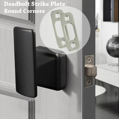 Heavy Duty Deadbolt Strike Plate Satin Nickel Backplate 1 Inch By 2-1/4 Inch Round Corner on a door with a black handle.