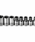 Eight Piece One Fourth Inch Drive Universal Socket Set With Dual Finish For SAE Metric Hex Six Point Twelve Point E Torx Spline And Square Fasteners