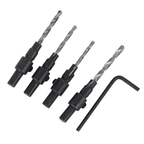 Adjustable Countersink Drill Bit Set For Woodworking - Four Piece Kit With Sizes 6 8 10 12 And Wrench, Quickly Replaceable Bits For Steel Plate Drilling