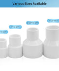 LESSO 10PCS PVC Pipe Fittings, 1-1/2" to 3/4" PVC Reducing Coupling (SOC × SOC), shown in various sizes for plumbing use.
