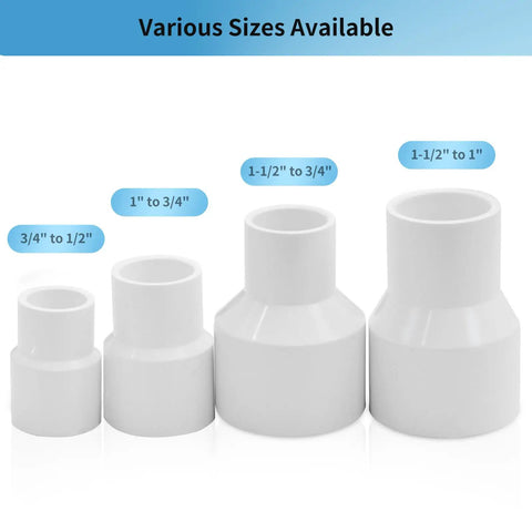 LESSO 10PCS PVC Pipe Fittings, 1-1/2" to 3/4" PVC Reducing Coupling (SOC × SOC), shown in various sizes for plumbing use.