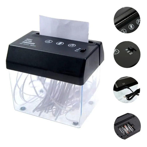 No Hassle Mini Paper Shredder With Built In Letter Opener USB And Battery Powered Quiet Strip Cutter For A6 And Folded A4 Documents, top view.