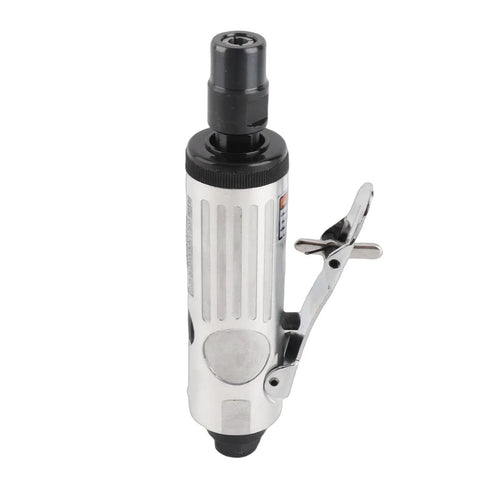 Heavy Duty Pneumatic Die Grinder With Lightweight Air Powered Build For Quick Cut And Detail Work In Tight Fits Featuring High RPM Spin And Rock Solid Quarter Inch Collet Grip Smooth Handle Layout For All Day Grind, side view of the tool.