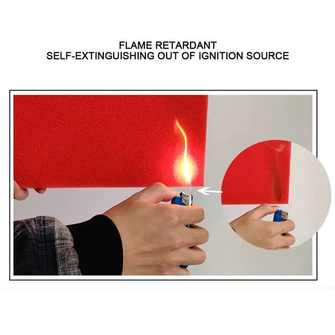 Flame-safe Top Shelf 12 Pack Pyramid Acoustic Foam Wall Panels being tested with a lighter for fire resistance.