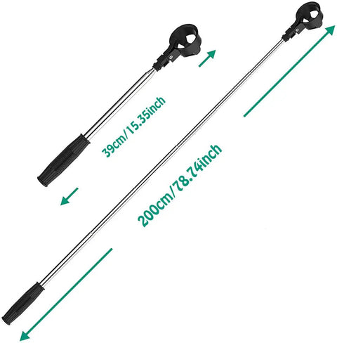 Stainless Telescopic Golf Ball Retriever With Ball Release, 200cm extendable, rustproof steel, shown compact and fully extended.