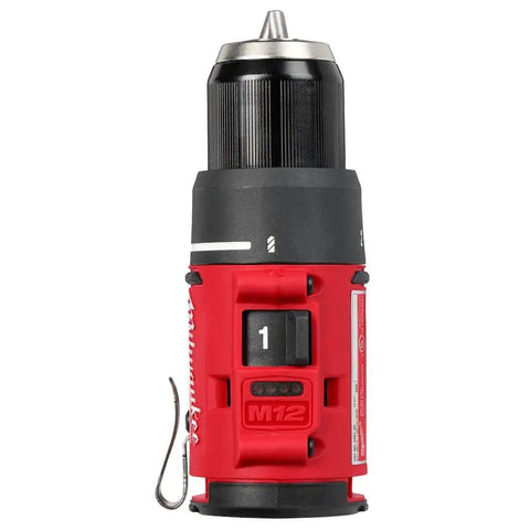 Subcompact Brushless 3/8 Inch Drill Driver Kit For Tight Spaces, close-up of tool with red housing and metal keyless chuck