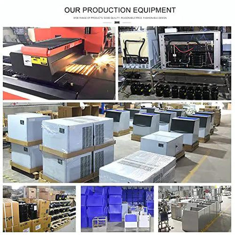 Image of production equipment including commercial ice machines and assembly tools for manufacturing.