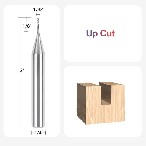 SpeTool carbide upcut router bit with 1/32 in cutting diameter and 1/4 in shank, 2 in overall length