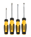 Four Piece Screwdriver Set With Ergonomic Quad Lobular Handle Slip Resistant Rubber Grip And Precision Machined Tips For Maximum Torque Easy Driving And Built To Last Durability For Home And Pro Projects