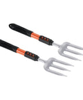 Set of 2 15.7 Inch Hand Garden Fork With 3 Tines High Carbon Steel Non Slip Ergonomic Handle Hardened Digging Pitch Fork For Weeding Transplanting Loosening Soil Planting Garden Farm Backyard Use shown side by side on white background.