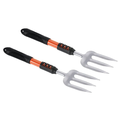 Set of 2 15.7 Inch Hand Garden Fork With 3 Tines High Carbon Steel Non Slip Ergonomic Handle Hardened Digging Pitch Fork For Weeding Transplanting Loosening Soil Planting Garden Farm Backyard Use shown side by side on white background.