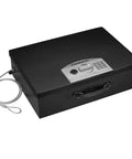 Portable Steel Lock Box With Tether Cable For Stashing Laptops, Phones And Valuables, Keyless Combination Safe shown with tether