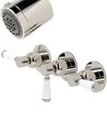 Paris Style Triple Handle Tub And Shower Faucet In Polished Nickel with wall mount design and porcelain handles.