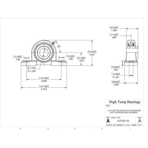 Technical diagram of 1-1/4 Inch Set Screw Mounted Pillow Block Bearing Pack Of 2 With 52100 Alloy Steel ABEC-1 Bearings, Greasable Cast Iron Housing.