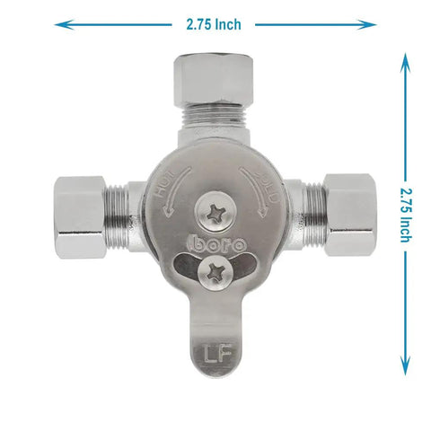 Front view of mechanical water mixing valve with three eighths inch compression fittings, brass construction, 2.75 inch measurement.