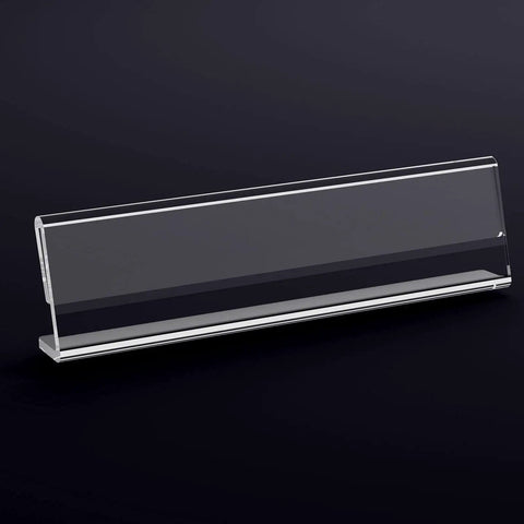 Clear Desk Name Plates Set Of 12 Personalized 2x8 Inch Sign Holders for Table Displays showing single acrylic name plate