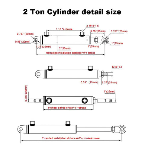 Technical diagram of Beefed Up 1.5 Inch Bore 12 Inch Stroke Welded Double Acting Hydraulic Cylinder With 2 Ton Capacity details