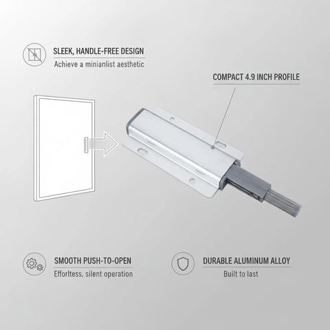 Push To Open Cabinet Latch Aluminum Alloy Handle Free Catch for kitchen cabinets with 4.9 inch profile and sleek design.