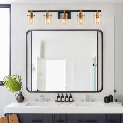 5-Light Industrial Style Bathroom Vanity Light Not Dimmable Fixture With Matte Black Finish Brushed Gold Copper Accent Sockets