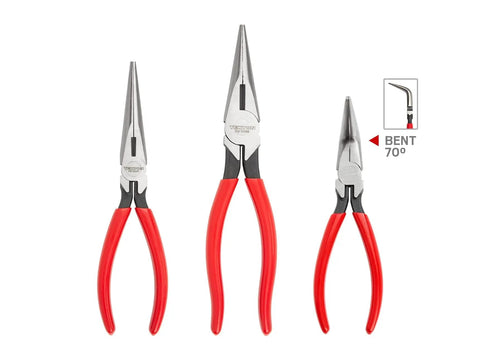 Long Nose Pliers Set Three Piece Includes 7 Inch Straight 8 Inch Straight And 6 Inch Bent Nose With 70 Degree Angled Tips