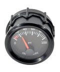 Front view of 52mm oil pressure gauge for cars, black bezel, red pointer, 0–100 psi dial.
