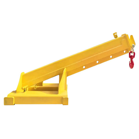 Beat Down Tough 11000 Lb Forklift Jib Boom Crane Telescopic Lifting Hoist Attachment showing yellow frame and red hook.