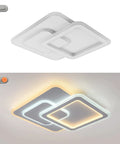 Dimmable Acrylic Ceiling Light with Remote. Square LED Chandelier in white finish showing on and off modes.