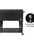 Front view of 80 Qt Rolling Cooler Cart On Wheels With Large Storage Shelf and Bottle Opener, durable iron frame, sleek black.