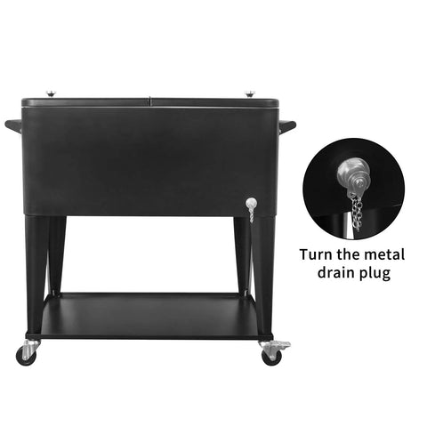 Front view of 80 Qt Rolling Cooler Cart On Wheels With Large Storage Shelf and Bottle Opener, durable iron frame, sleek black.