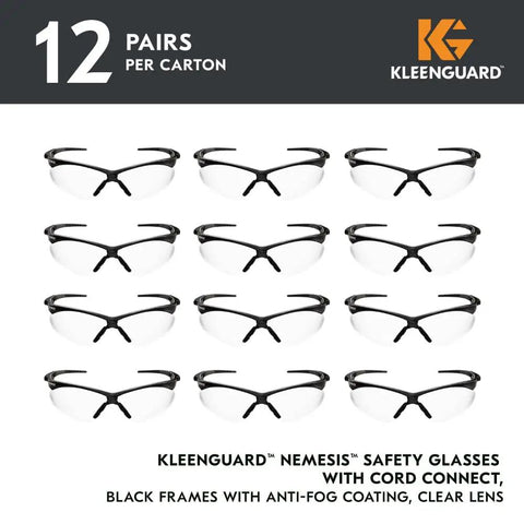 Nemesis Safety Glasses With Cord Connect And Anti Fog Coating Clear Lenses Black Frame Lightweight Unisex Eye Protection For Work Wear Bulk Case Of 12 Pairs Sleek Style That The Whole Crew Will Love Reliable Shield Against Splashes And Impacts